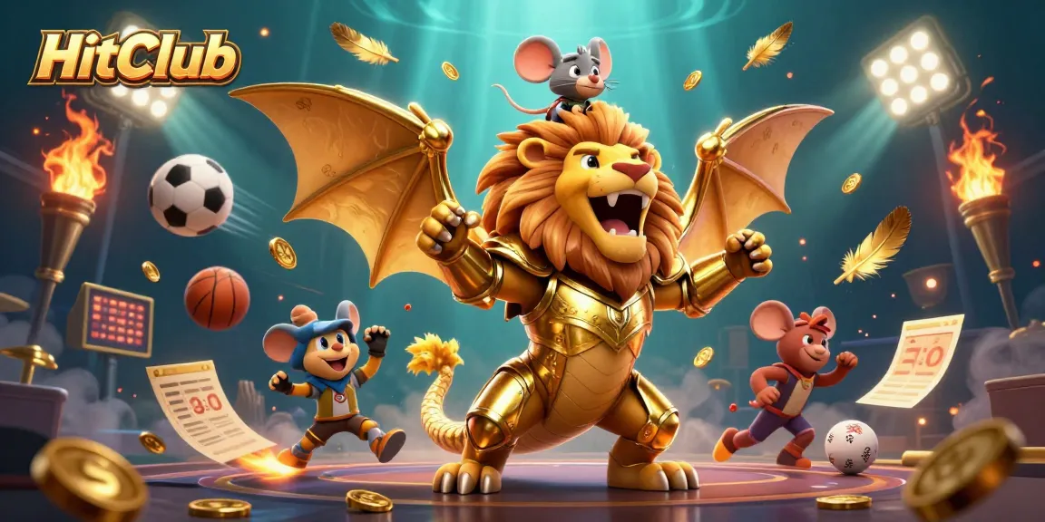HitClub showcases dynamic casino excitement with vibrant characters, sports elements, and dramatic lighting effects.