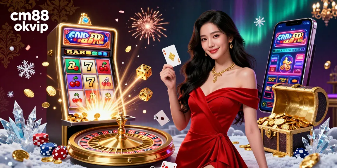 Experience the thrill of cm88 okvip with a beautiful dealer at a stunning roulette wheel amidst gold coins and slot machine excitement.