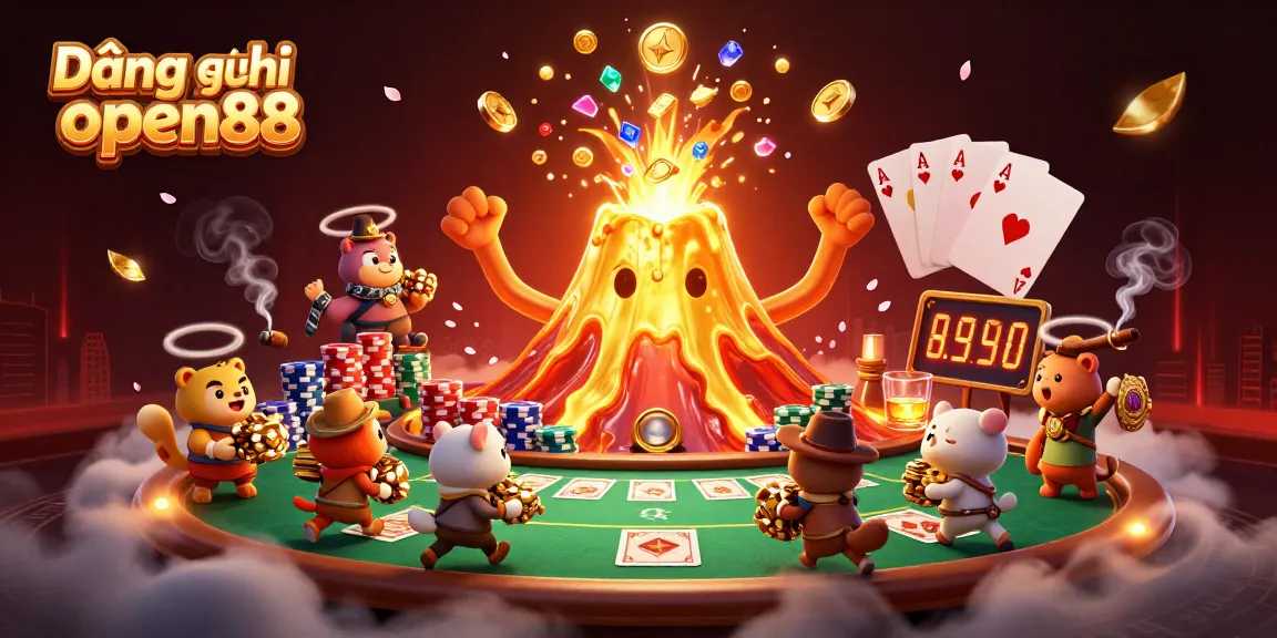 Engage in the thrilling action of Đăng ký open88 with a vibrant casino-themed illustration filled with treasures.