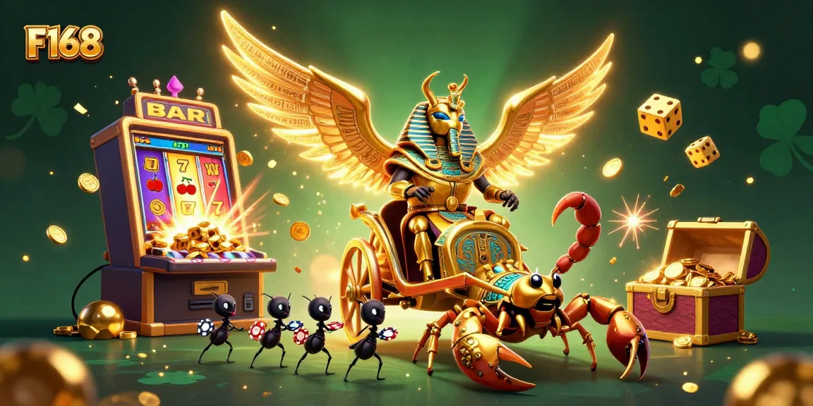 Experience F168 through enchanting slots featuring a scarab beetle in a dazzling casino scene.
