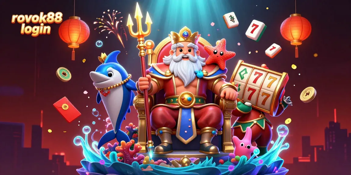 Engage with the thrilling rokok88 login experience as vibrant slot reels and Neptune's magic illuminate the scene.