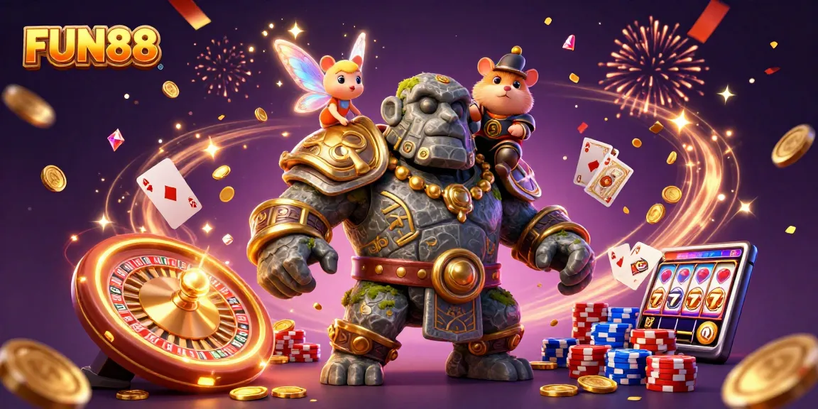 FUN88 brings luck in a vibrant casino scene featuring cascading coins and dynamic gameplay elements.