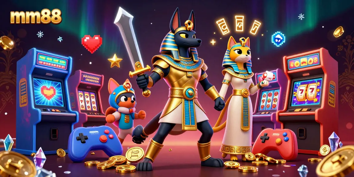 Engage with mm88 in a vibrant 3D scene featuring casino elements and characters.