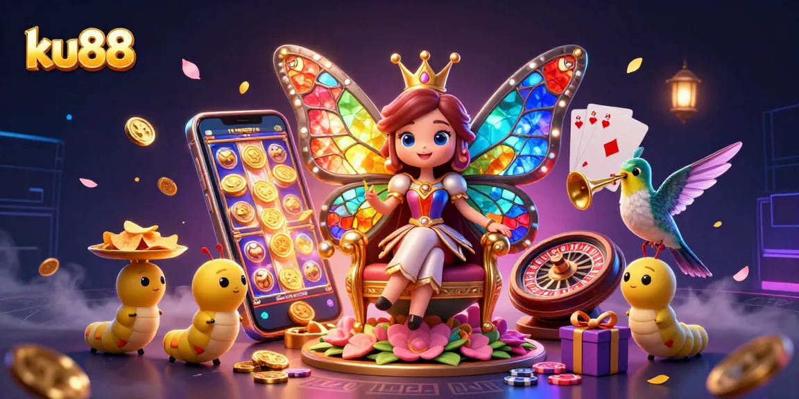 Experience thrilling excitement at ku88 with a vibrant 3D casino illustration featuring games and winning elements.