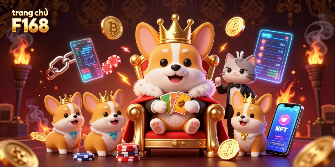 Engage with the vibrant world of trang chủ F168 featuring a royal corgi on a throne of chips showcasing crypto elements.