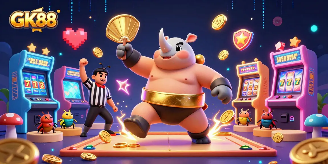 Join the GK88 experience with a playful illustration of a rhinoceros beetle sumo champion amidst slot reels and golden coins.