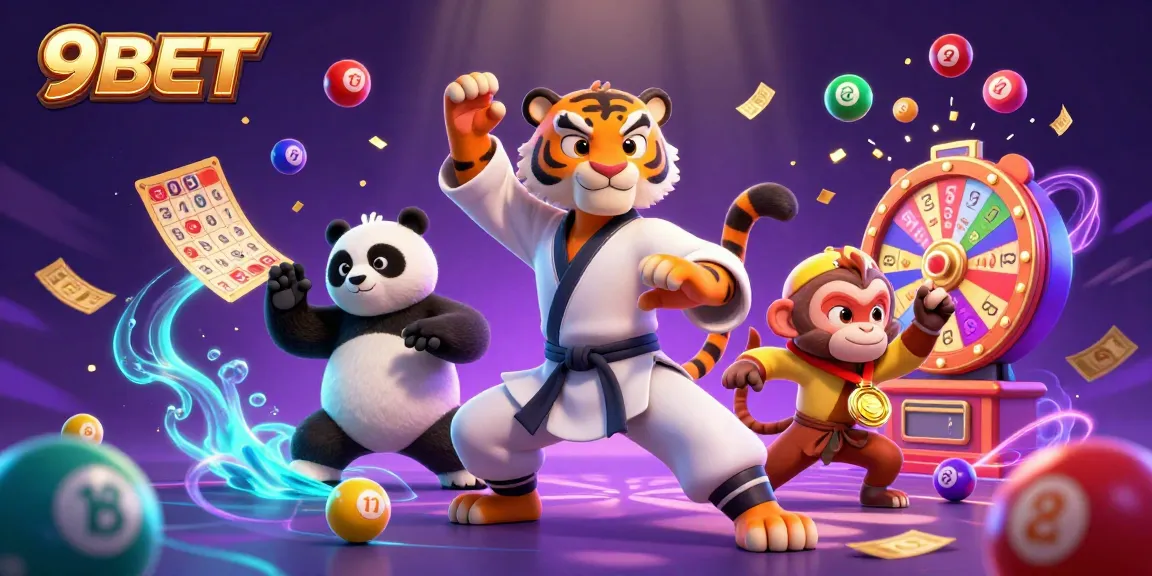 Experience thrilling jackpots with 9BET's dynamic gaming scene featuring vibrant characters and lottery elements.