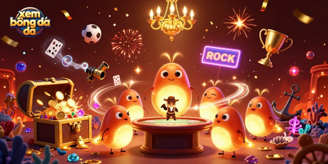 Experience xem bóng đá in a vibrant casino scene filled with glowing elements and sports trophies.