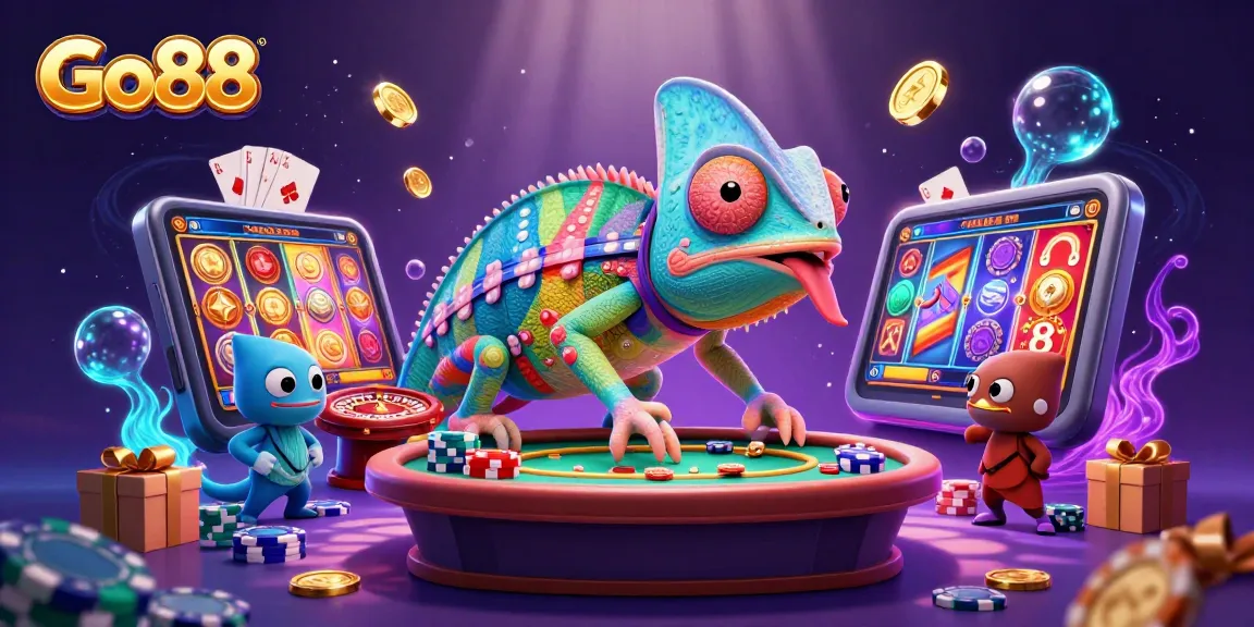Go88 offers an exhilarating casino experience with vibrant 3D chameleon and slot visuals.