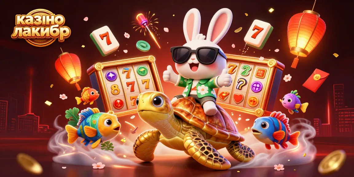 Engage with the thrilling world of казино лакибир as an adorable rabbit rides a golden turtle amidst festive elements.