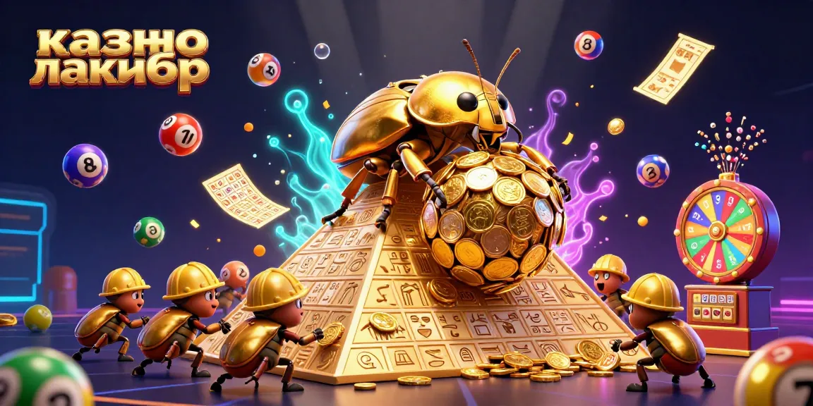 Experience excitement at казино лакибир with vibrant elements and golden prizes in this 3D illustration.