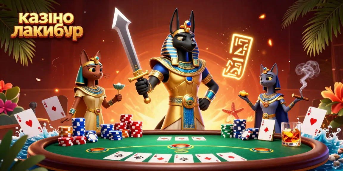Experience big wins at казино лакибир with a vibrant 3D illustration of card games and good luck symbols.